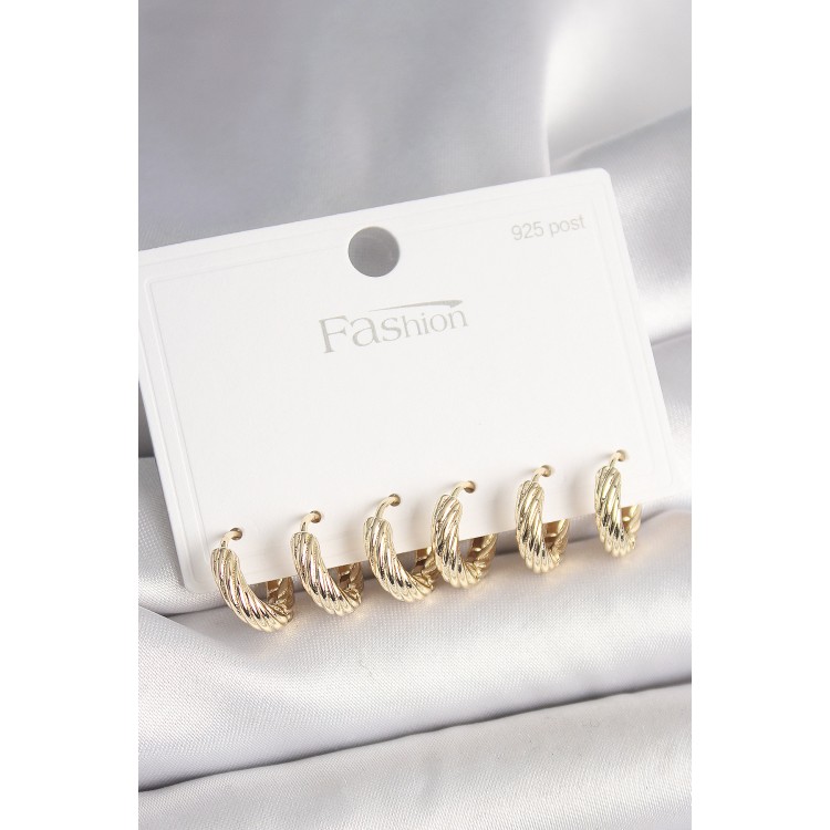 925 Ayar Gümüş Çivi Pirinç Gold Renk İşlemeli Halka Model Kadın Küpe Seti - TJ-BKP10411