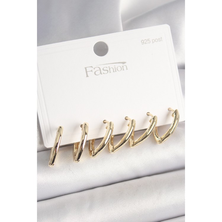 925 Ayar Gümüş Çivi Pirinç Gold Renk Üçgen Model Kadın Küpe Seti - TJ-BKP10415