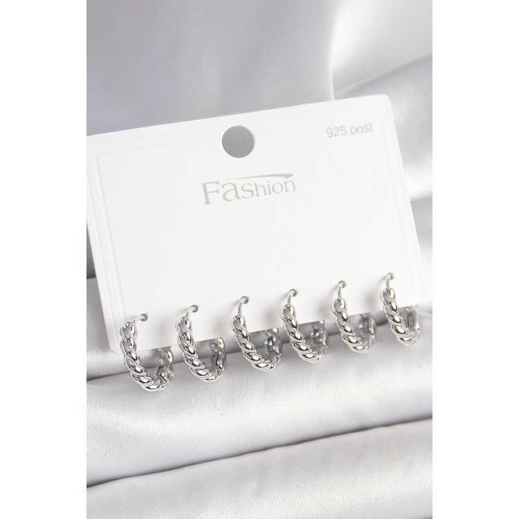 925 Ayar Gümüş Çivi Pirinç Gümüş Renk Sarmal Halka Model Kadın Küpe Seti - TJ-BKP10416