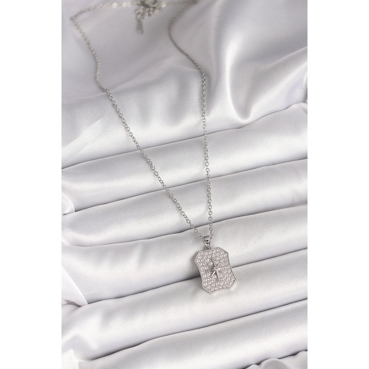 316L Çelik Gümüş Renk Zincir Zirkon Taşlı Kutup Yıldız İşlemeli Madalyon Model Kadın Kolye - TJ-BKO9943