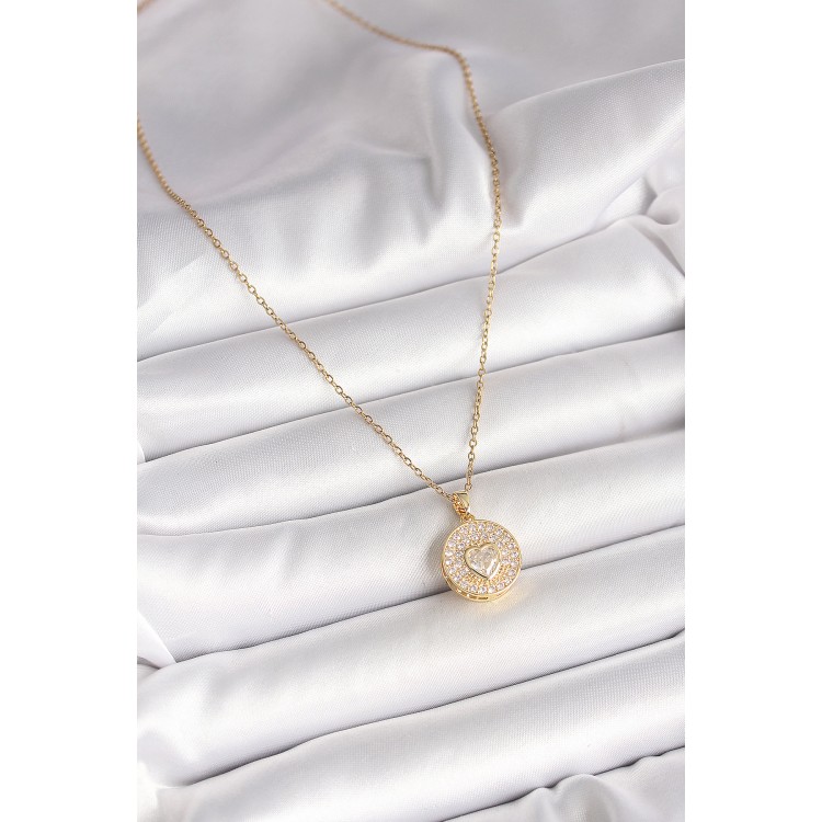 316L Çelik Gold Renk Zincir Madalyon Zirkon Taşlı Kalp Model Kadın Kolye - TJ-BKO9946