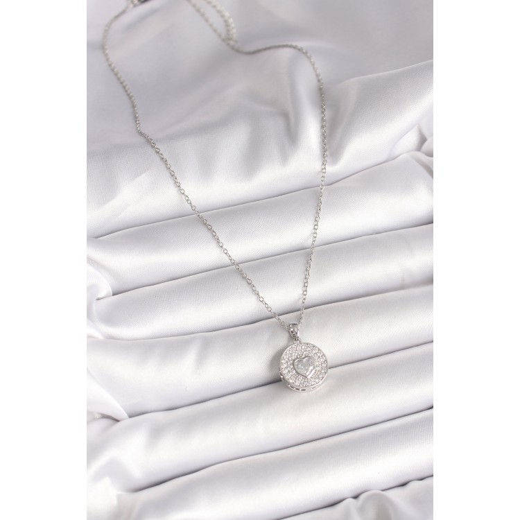 316L Çelik Gümüş Renk Zincir Zirkon Taşlı Kalp İşlemeli Madalyon Model Kadın Kolye - TJ-BKO9947