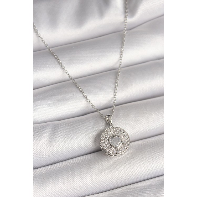 316L Çelik Gümüş Renk Zincir Zirkon Taşlı Kalp İşlemeli Madalyon Model Kadın Kolye - TJ-BKO9947