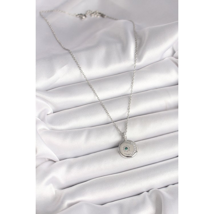 316L Çelik Gümüş Renk Zincir Madalyon Zirkon Taşlı İşlemeli Hilal Yıldız Model Kadın Kolye - TJ-BKO9953