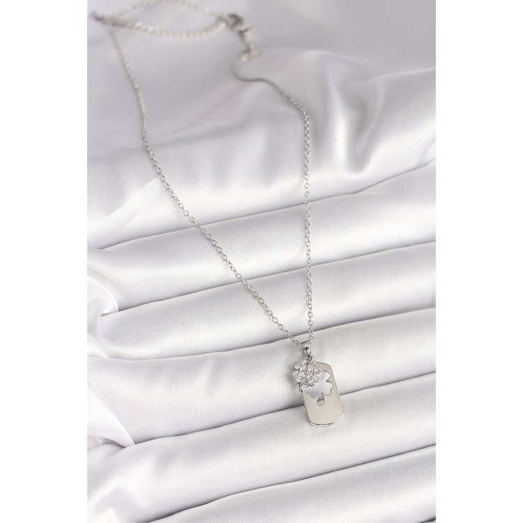 316L Çelik Gümüş Renk Zincir Zirkon Taşlı Yonca Model Kadın Kolye - TJ-BKO9955