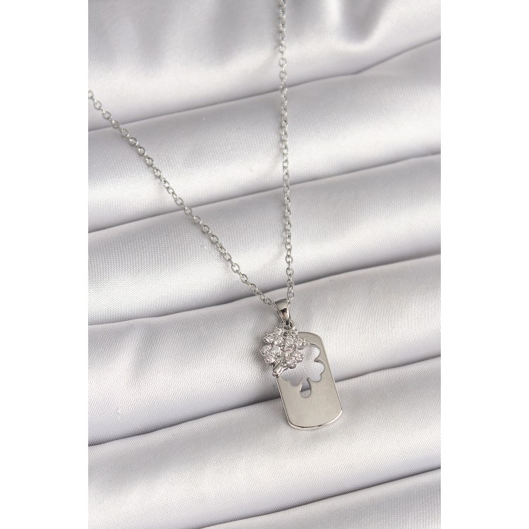 316L Çelik Gümüş Renk Zincir Zirkon Taşlı Yonca Model Kadın Kolye - TJ-BKO9955