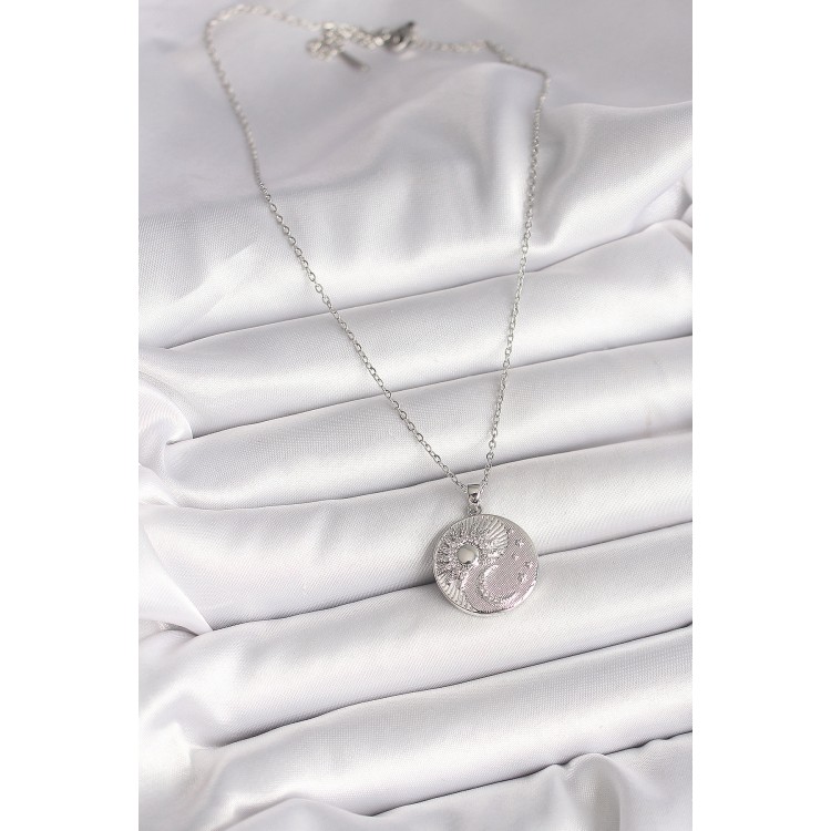 316L Çelik Gümüş Renk Zincir Zirkon Taşlı Ay Güneş İşlemeli Madalyon Model Kadın Kolye - TJ-BKO9959