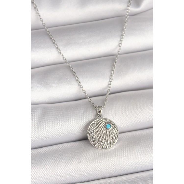 316L Çelik Gümüş Renk Zincir Zirkon Taşlı Mavi Taş Detaylı Madalyon Model Kadın Kolye - TJ-BKO9965