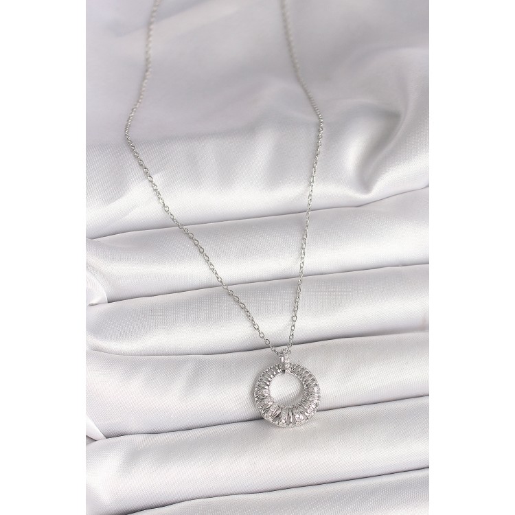 316L Çelik Gümüş Renk Zincir Zirkon Taş İşlemeli Daire Model Kadın Kolye - TJ-BKO9969