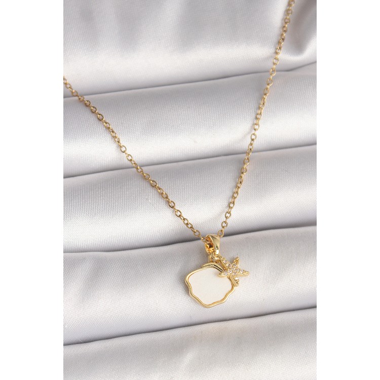 316L Çelik Gold Renk Zincir Sallantı Beyaz Mineli Deniz Kabuğu Zirkon Taşlı Deniz Yıldızı Figür Kadın Kolye - TJ-BKO9970 316L Çelik Gold Renk Zincir Sallantı Beyaz Mineli Deniz Kabuğu Zirkon Taşlı Deniz Yıldızı Figür Kadın Kolye - TJ-BKO9970