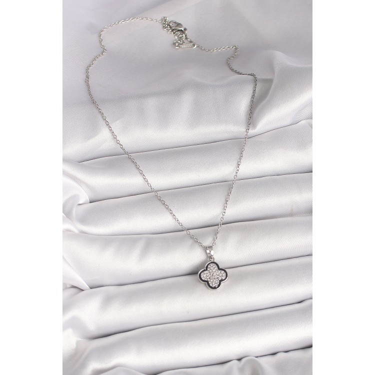 316L Çelik Gümüş Renk Zincir Zirkon Taşlı Yonca Model Kadın Kolye - TJ-BKO9975