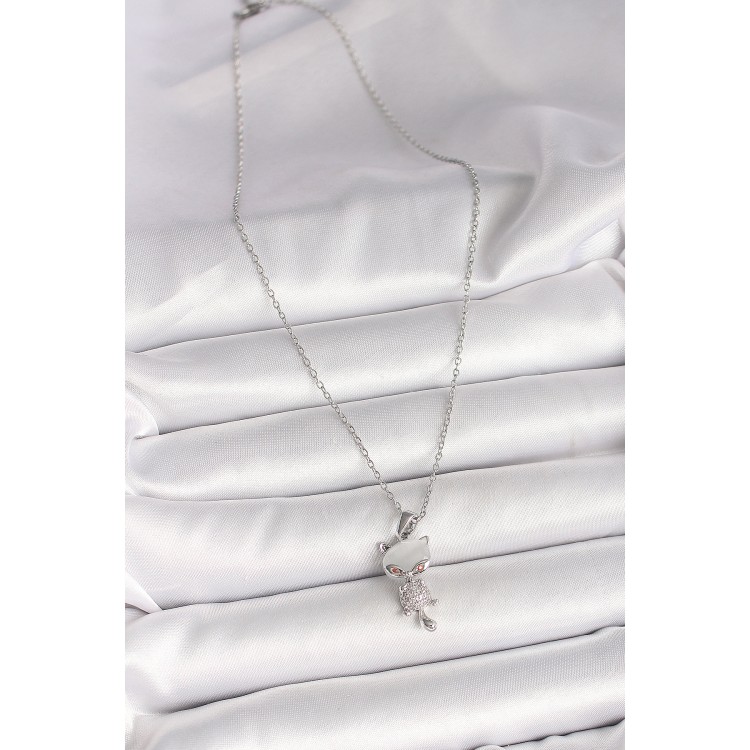 316L Çelik Gümüş Renk Zincir Zirkon Taşlı Kedi Model Kadın Kolye - TJ-BKO9981