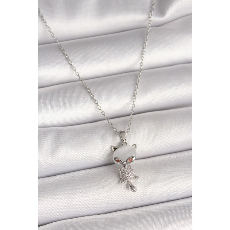 316L Çelik Gümüş Renk Zincir Zirkon Taşlı Kedi Model Kadın Kolye - TJ-BKO9981