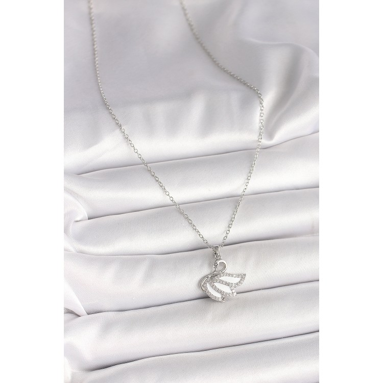 316L Çelik Gümüş Renk Zincir Zirkon Taşlı Kuğu Model Kadın Kolye - TJ-BKO9997