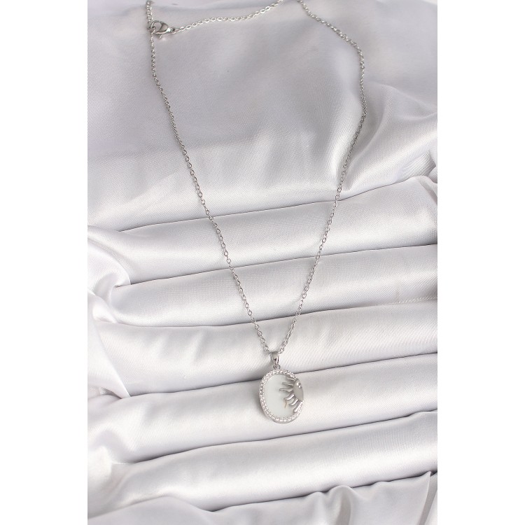 316L Çelik Gümüş Renk Zincir Beyaz Mineli Gün Batımı Model Zirkon Taş Detaylı Kadın Kolye - TJ-BKO10003