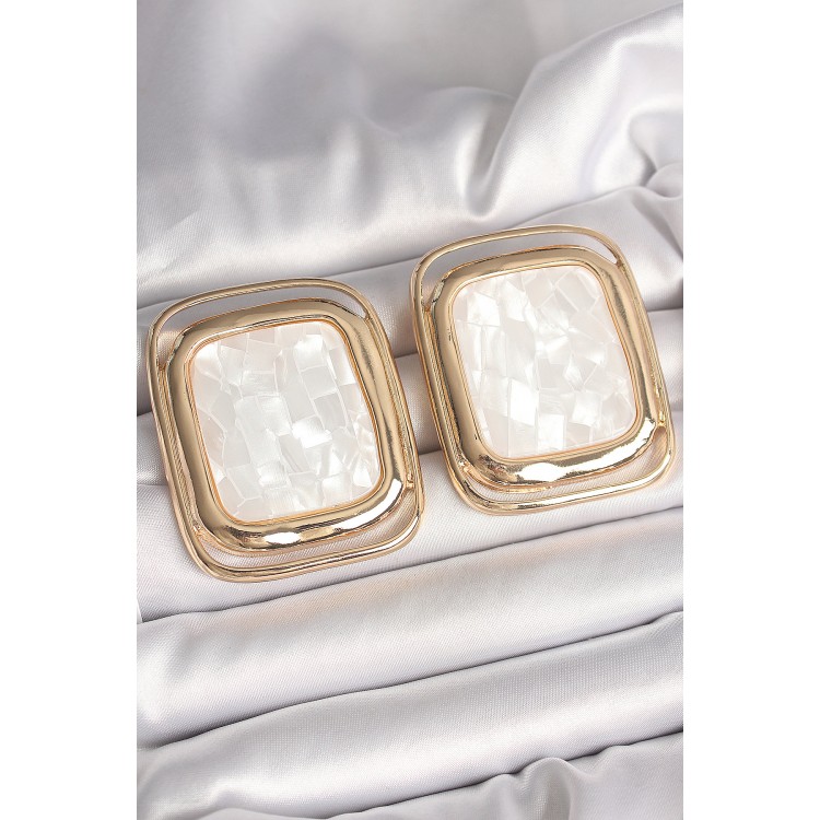 Pirinç Gold Renk Beyaz Mineli Kare Model Kadın Küpe - TJ-BKP10428 Pirinç Gold Renk Beyaz Mineli Kare Model Kadın Küpe - TJ-BKP10428