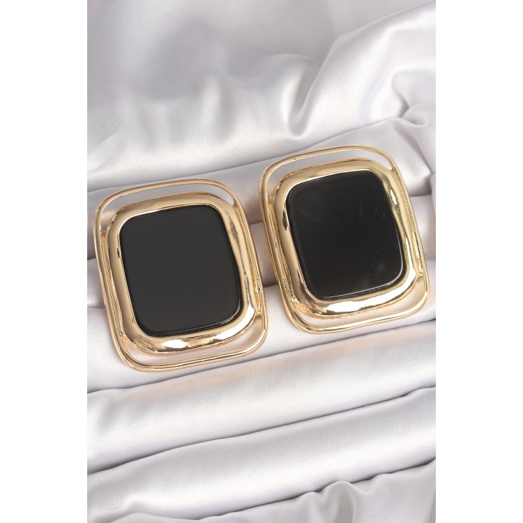 Pirinç Gold Renk Siyah Mineli Kare Model Kadın Küpe - TJ-BKP10429 Pirinç Gold Renk Siyah Mineli Kare Model Kadın Küpe - TJ-BKP10429