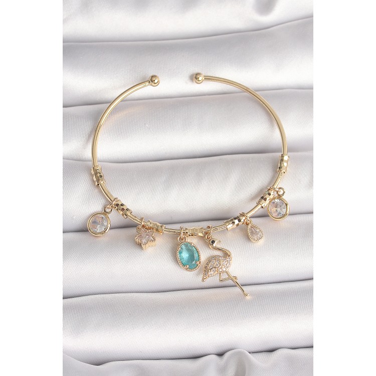 Pirinç Gold Renk Zirkon Taşlı Sallantı Filamingo Figür Charm Kadın Bileklik - TJ-BB6885 Pirinç Gold Renk Zirkon Taşlı Sallantı Filamingo Figür Charm Kadın Bileklik - TJ-BB6885