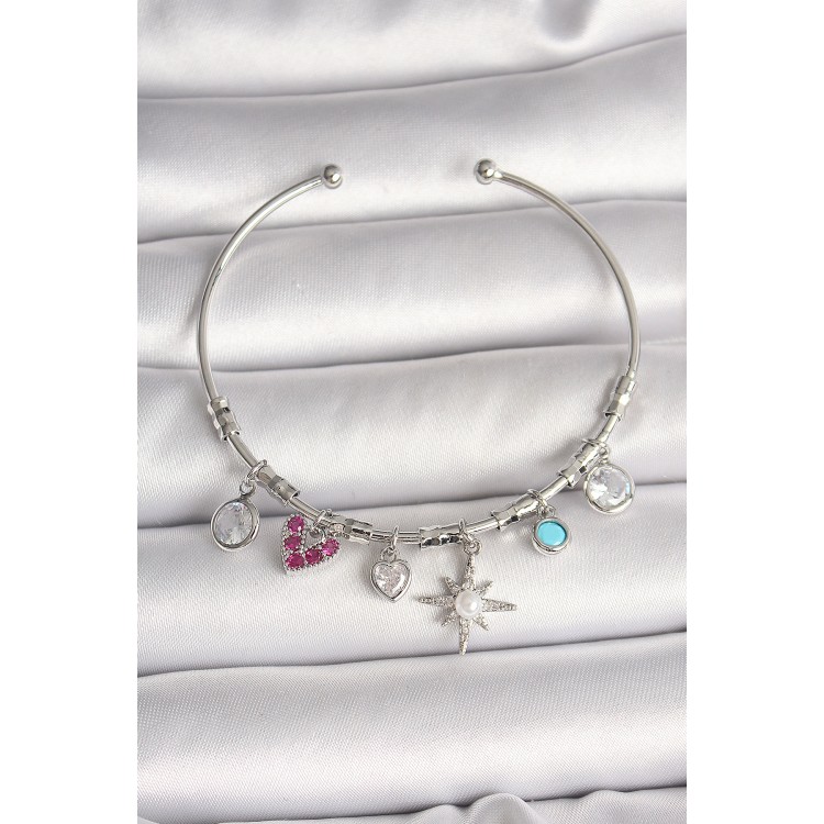 Pirinç Gümüş Renk Sallantı Zirkon Taşlı Kutup Yıldız Figür Kalp Detay Charm Kadın Bileklik - TJ-BB6898