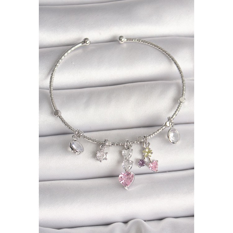 Pirinç Gümüş Renk Sallantı Zirkon Taşlı Kalp Figür Charm Kadın Bileklik - TJ-BB6910 Pirinç Gümüş Renk Sallantı Zirkon Taşlı Kalp Figür Charm Kadın Bileklik - TJ-BB6910