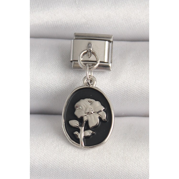 316L Çelik Gümüş Renk Gümüş Çiçek İşlemeli Siyah Portre Model Nomination Charm - TJ-BC1210 316L Çelik Gümüş Renk Gümüş Çiçek İşlemeli Siyah Portre Model Nomination Charm - TJ-BC1210