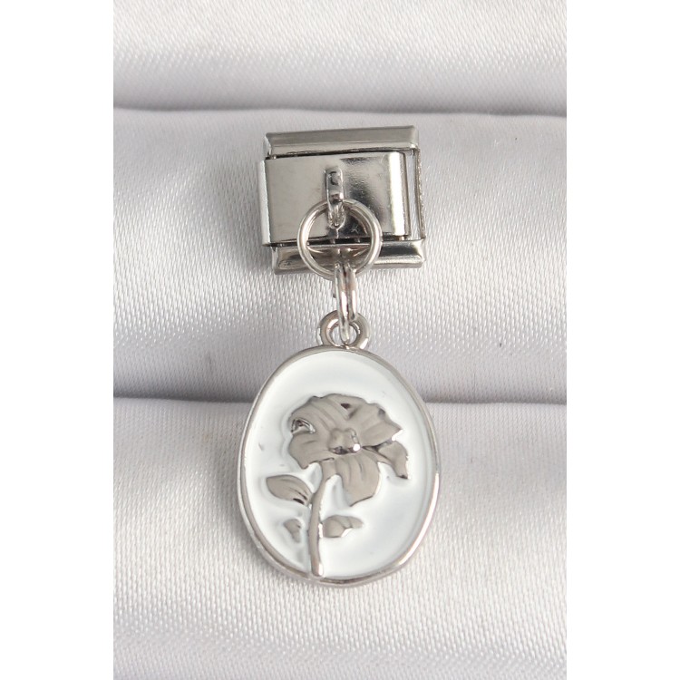 316L Çelik Gümüş Renk Çiçek İşlemeli Beyaz Portre Model Nomination Charm - TJ-BC1214
