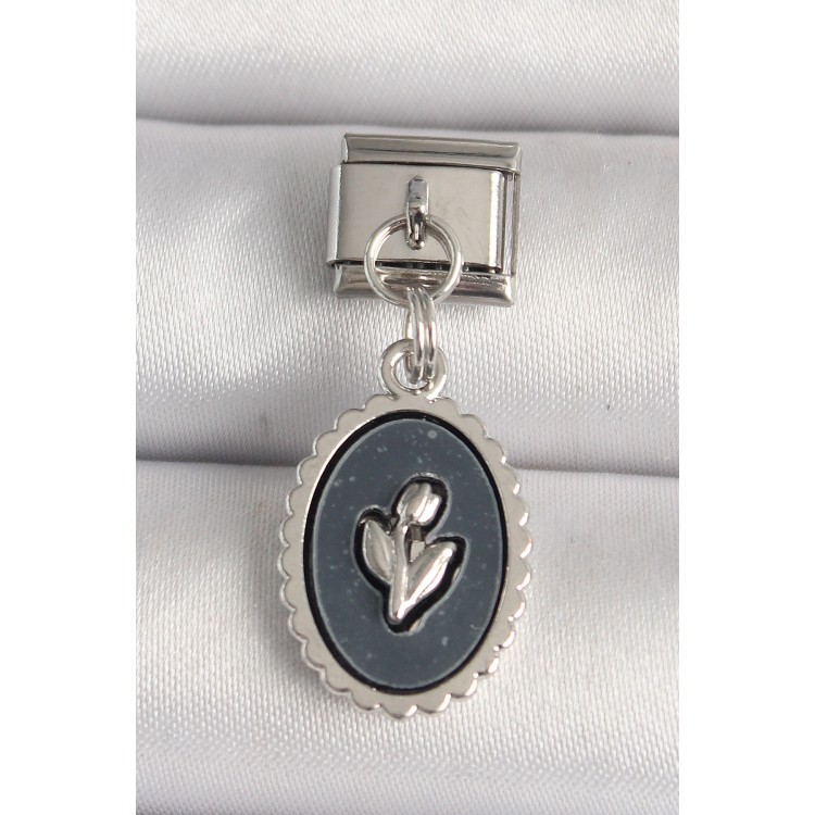 316L Çelik Gümüş Renk Çiçek İşlemeli Siyah Portre Model Nomination Charm - TJ-BC1215