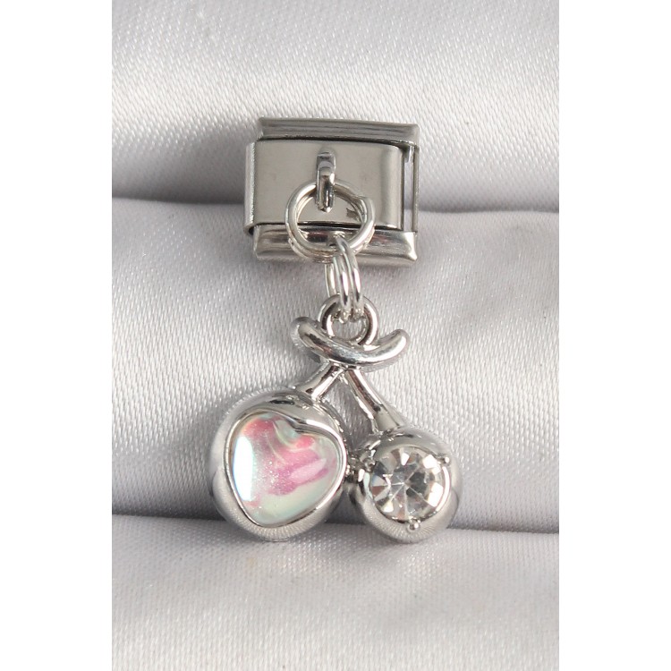 316L Çelik Gümüş Renk Pembe Mineli Kalp Zirkon Taş Detay Nomination Charm - TJ-BC1240