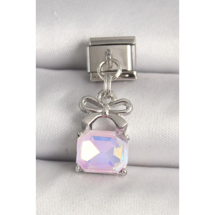316L Çelik Gümüş Renk Pembe Zirkon Taşlı Çanta Model Nomination Charm - TJ-BC1301