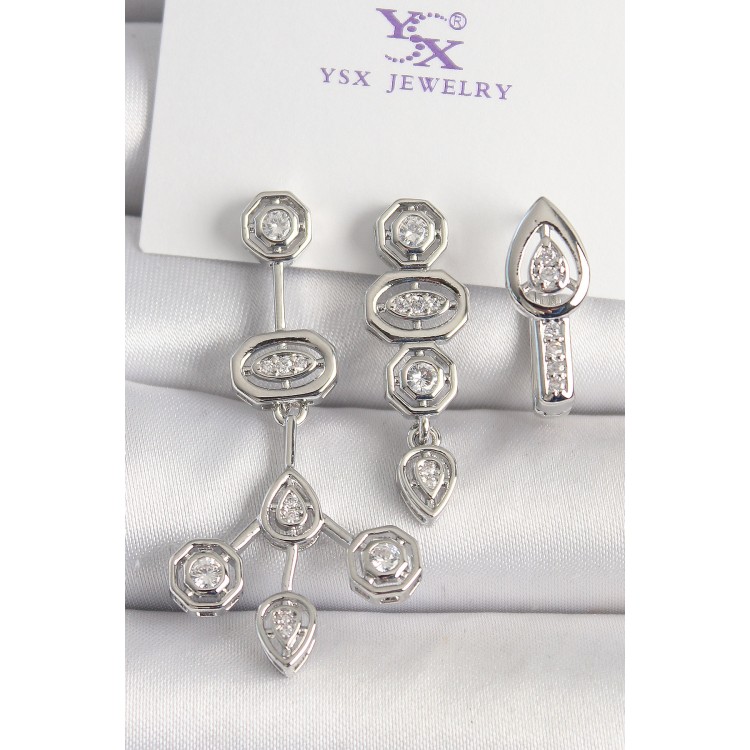 Pirinç Gümüş Renk Zirkon Taşlı Geometrik Model 3'Lü Kadın Kombin Küpe - TJ-BKP10434