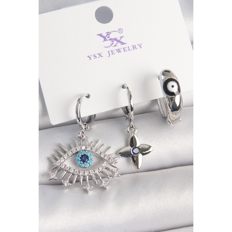 Pirinç Gümüş Renk Zirkon Taşlı Göz Model Nazar Boncuk Detay 3'Lü Kadın Kombin Küpe - TJ-BKP10440