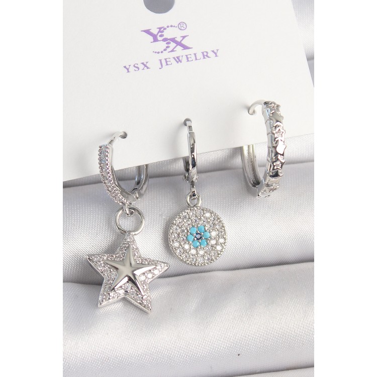 Pirinç Gold Renk Zirkon Taşlı Yıldız Model Nazar Boncuk Detay 3'Lü Kadın Kombin Küpe - TJ-BKP10446 Pirinç Gold Renk Zirkon Taşlı Yıldız Model Nazar Boncuk Detay 3'Lü Kadın Kombin Küpe - TJ-BKP10446