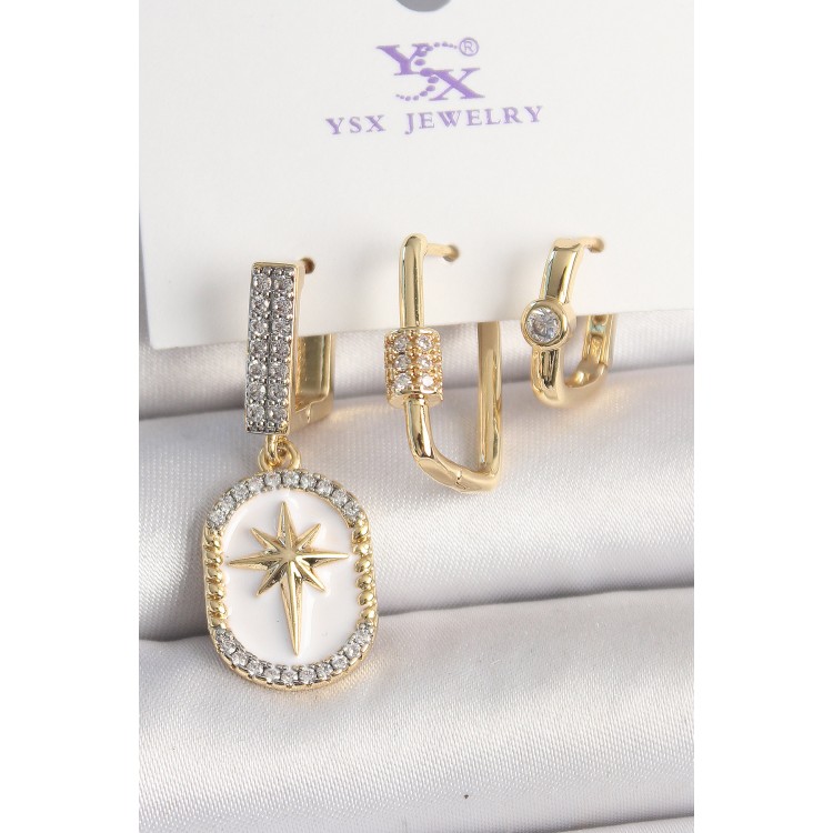 Pirinç Gold Renk Sallantı Zirkon Taş İşlmeli Yıldız Portre Model 3'Lü Kadın Kombin Küpe - TJ-BKP10452 Pirinç Gold Renk Sallantı Zirkon Taş İşlmeli Yıldız Portre Model 3'Lü Kadın Kombin Küpe - TJ-BKP10452