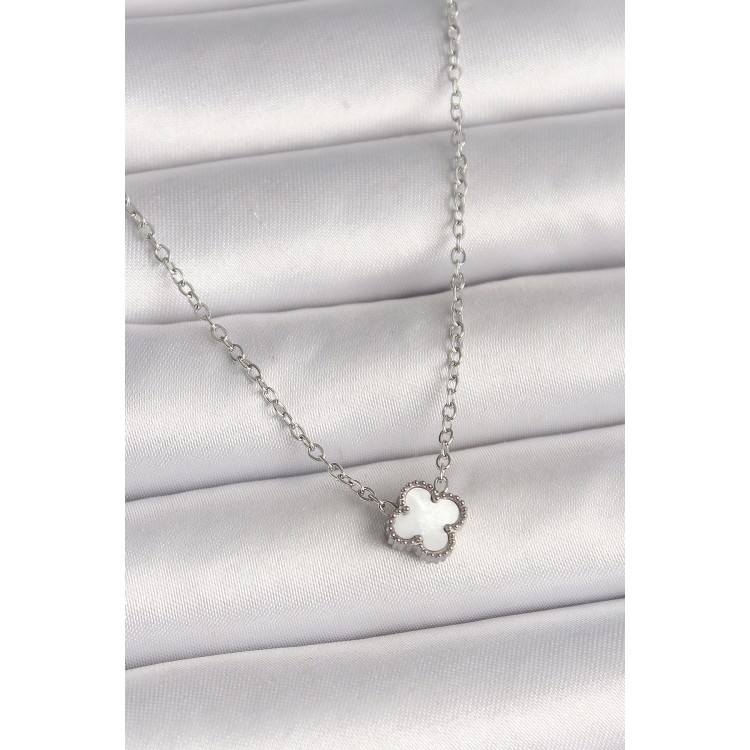 316L Çelik Gümüş Renk Beyaz Yonca Model Kadın Kolye - TJ-BKO10020