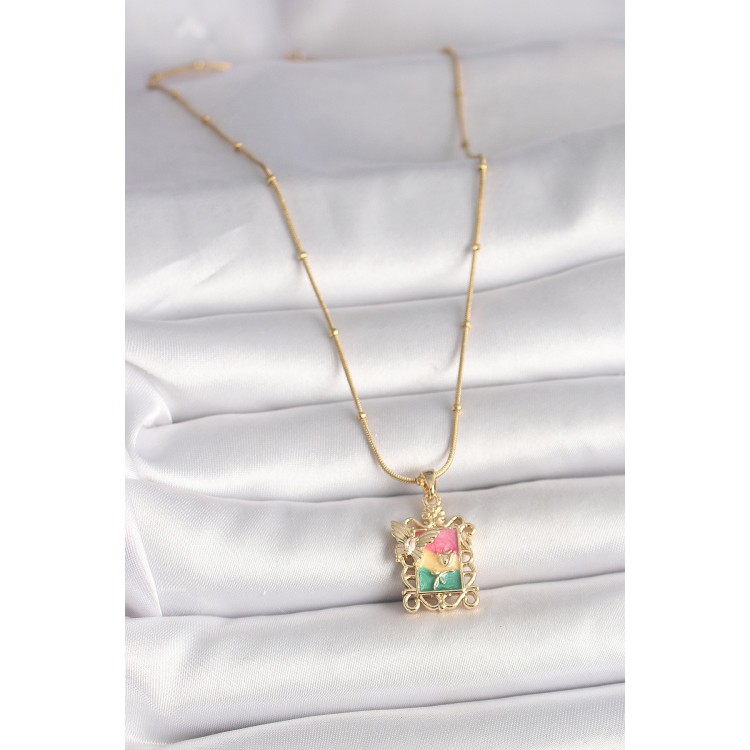 316L Çelik Gold Renk Renkli Zirkon Taşlı Kelebek İşlemeli Portre Model Kadın Kolye - TJ-BKO10024