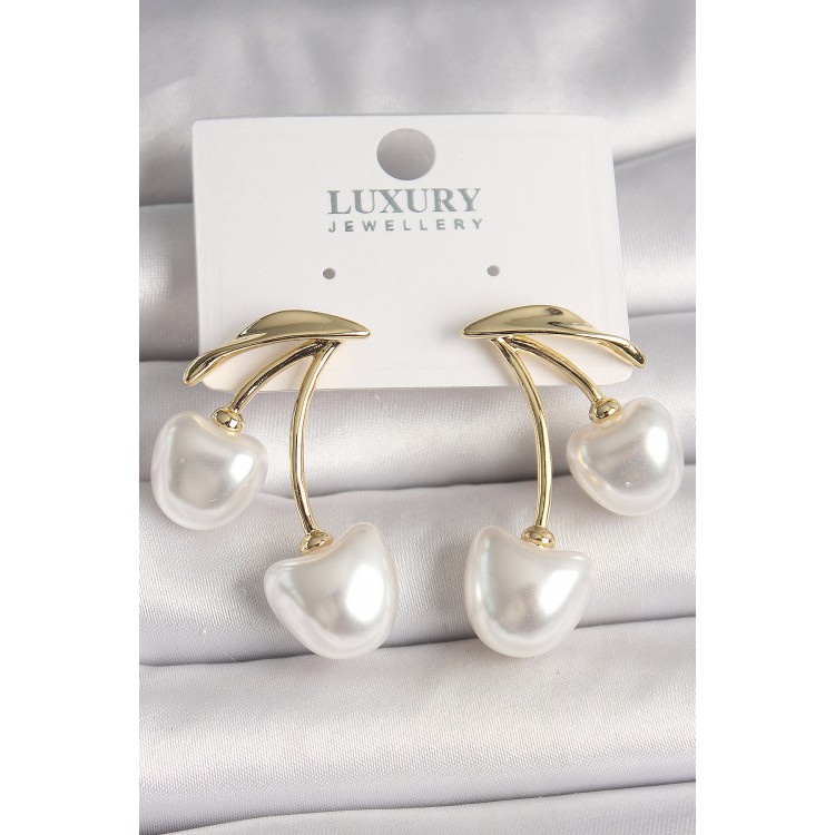 Pirinç Gold Renk Beyaz İnci Kiraz Model Kadın Küpe - TJ-BKP10461 Pirinç Gold Renk Beyaz İnci Kiraz Model Kadın Küpe - TJ-BKP10461