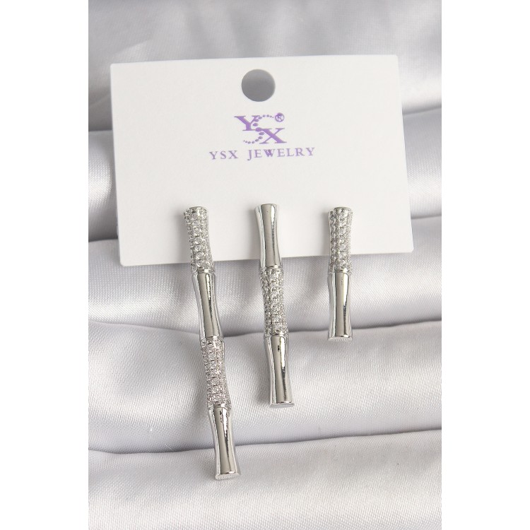 Pirinç Gümüş Renk Zirkon Taşlı Bambu Model 3'Lü Kadın Kombin Küpe - TJ-BKP10462 Pirinç Gümüş Renk Zirkon Taşlı Bambu Model 3'Lü Kadın Kombin Küpe - TJ-BKP10462