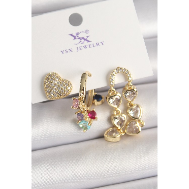 Pirinç Gold Renk Sallantı Zirkon Taşlı Kalp Model 3'Lü Kadın Kombin Küpe - TJ-BKP10469 Pirinç Gold Renk Sallantı Zirkon Taşlı Kalp Model 3'Lü Kadın Kombin Küpe - TJ-BKP10469