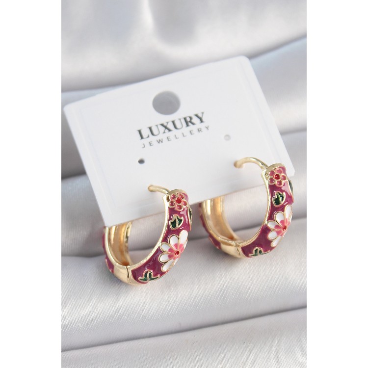 Pirinç Gold Renk Halka Mor Çiçek Mineli Kadın Küpe - TJ-BKP10474