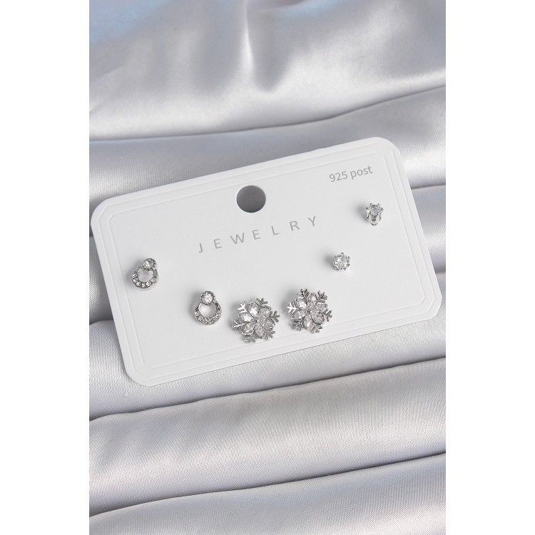 Pirinç Gümüş Renk Zirkon Taşlı Kar Tanesi Model 925 Ayar Gümüş Çivi Kadın Küpe Seti - TJ-BKP10483 Pirinç Gümüş Renk Zirkon Taşlı Kar Tanesi Model 925 Ayar Gümüş Çivi Kadın Küpe Seti - TJ-BKP10483