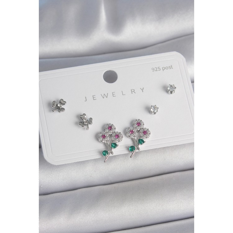 Pirinç Gümüş Renk Renkli Zirkon Taşlı Çiçek Model Yaprak Detay 925 Ayar Gümüş Çivi Kadın Küpe Seti - TJ-BKP10487 Pirinç Gümüş Renk Renkli Zirkon Taşlı Çiçek Model Yaprak Detay 925 Ayar Gümüş Çivi Kadın Küpe Seti - TJ-BKP10487