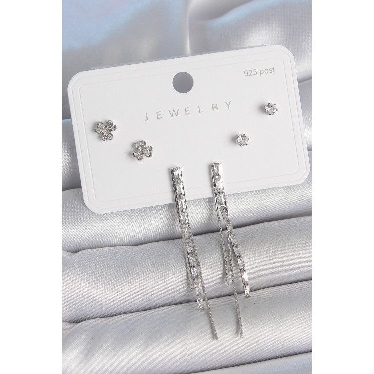 Pirinç Gümüş Renk Su Yolu Zirkon Taşlı Sallantı Model Çiçek Detay 925 Ayar Gümüş Çivi Kadın Küpe Seti - TJ-BKP10491 Pirinç Gümüş Renk Su Yolu Zirkon Taşlı Sallantı Model Çiçek Detay 925 Ayar Gümüş Çivi Kadın Küpe Seti - TJ-BKP10491