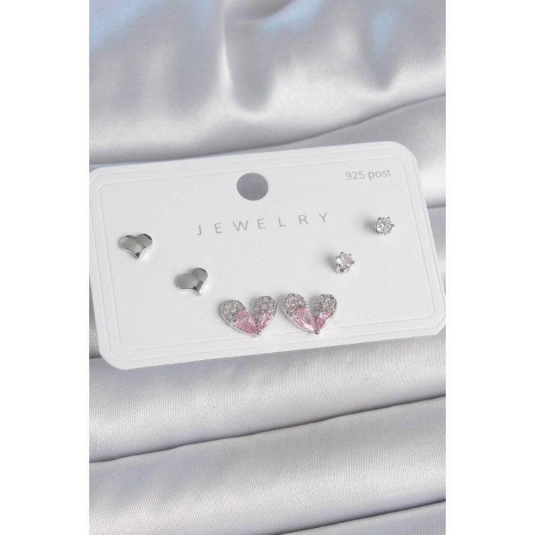 Pirinç Gümüş Renk Pembe Zirkon Taşlı Kalp Model 925 Ayar Gümüş Çivi Kadın Küpe Seti - TJ-BKP10493 Pirinç Gümüş Renk Pembe Zirkon Taşlı Kalp Model 925 Ayar Gümüş Çivi Kadın Küpe Seti - TJ-BKP10493