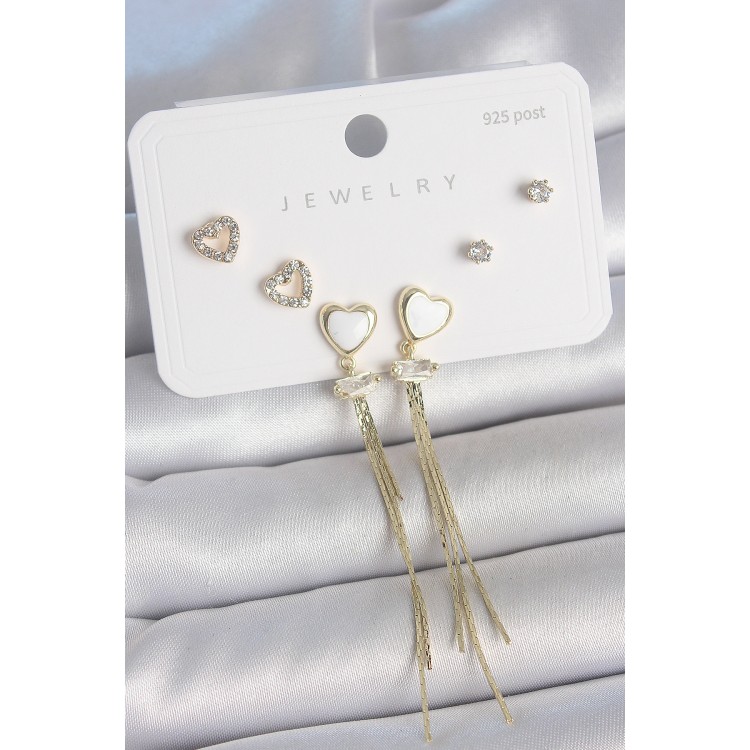 Pirinç Gold Renk Beyaz Mineli Sallantı Mineli Kalp Model Zirkon Taş Detaylı 925 Ayar Gümüş Çivi Kadın Küpe Seti - TJ-BKP10494 Pirinç Gold Renk Beyaz Mineli Sallantı Mineli Kalp Model Zirkon Taş Detaylı 925 Ayar Gümüş Çivi Kadın Küpe Seti - TJ-BKP10494