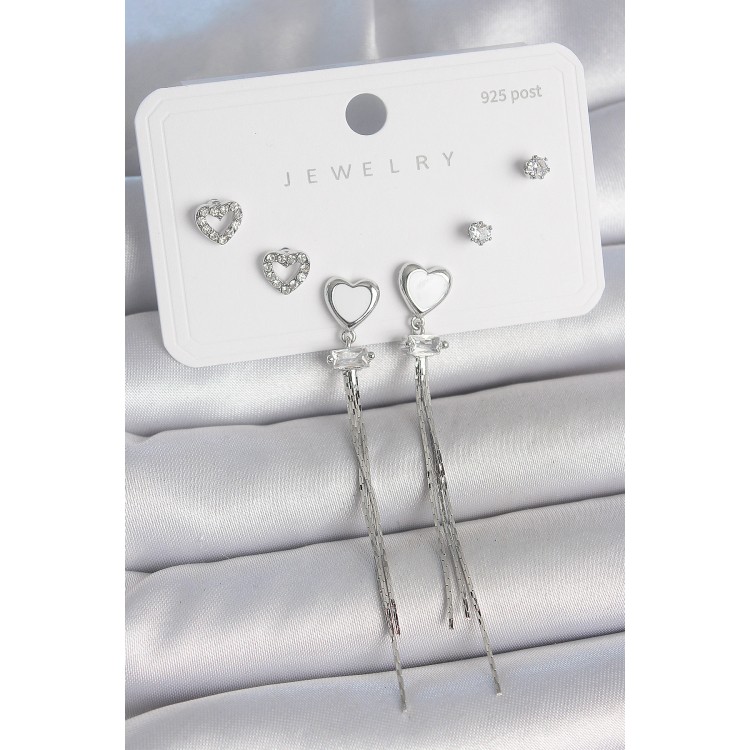 Pirinç Gümüş Sallantı Beyaz Mineli Kalp Model Zirkon Taşlı Kalp Detay 925 Ayar Gümüş Çivi Kadın Küpe Seti - TJ-BKP10495 Pirinç Gümüş Sallantı Beyaz Mineli Kalp Model Zirkon Taşlı Kalp Detay 925 Ayar Gümüş Çivi Kadın Küpe Seti - TJ-BKP10495
