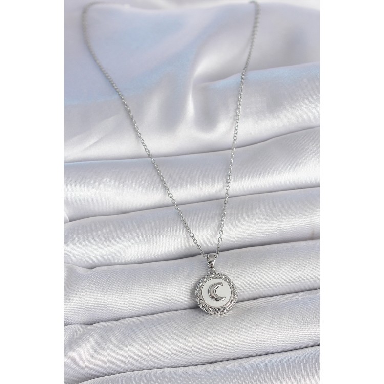 316L Çelik Gümüş Renk Zincir Beyaz Mineli Hilal İşlemeli Madalyon Model Kadın Kolye - TJ-BKO10034