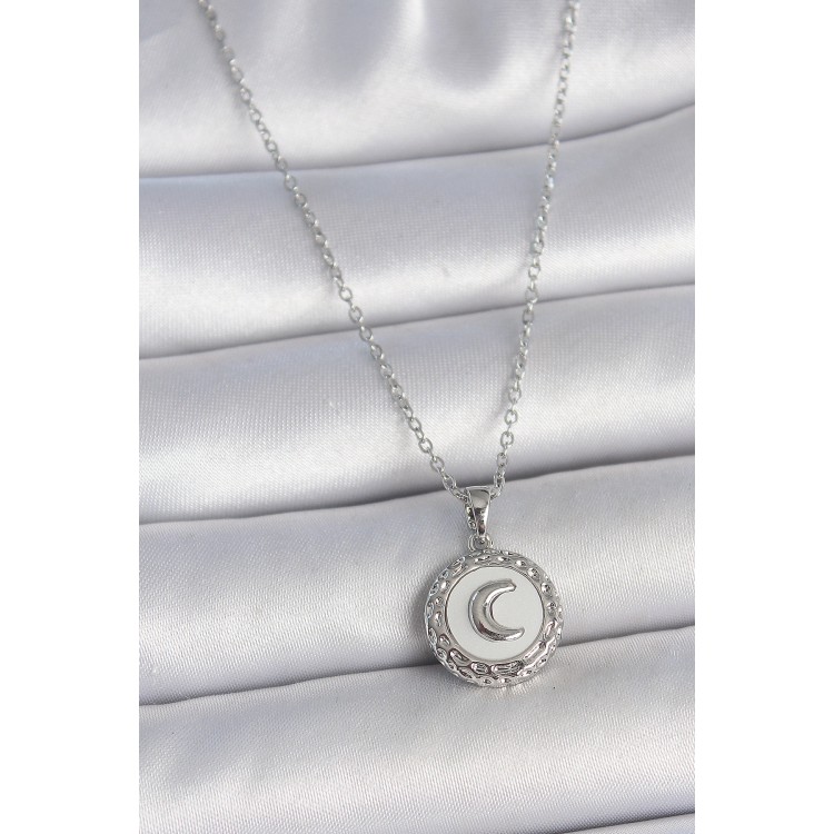 316L Çelik Gümüş Renk Zincir Beyaz Mineli Hilal İşlemeli Madalyon Model Kadın Kolye - TJ-BKO10034 316L Çelik Gümüş Renk Zincir Beyaz Mineli Hilal İşlemeli Madalyon Model Kadın Kolye - TJ-BKO10034