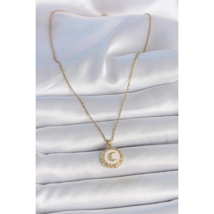 316L Çelik Gold Renk Zincir Beyaz Mineli Hilal İşlemeli Madalyon Model Kadın Kolye - TJ-BKO10035