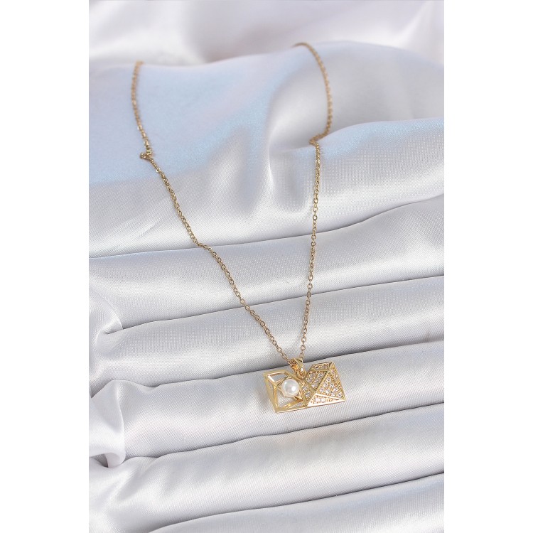 316L Çelik Gold Renk Zincir Zirkon Taşlı Açılır İncili Elmas Model Kadın Kolye - TJ-BKO10049