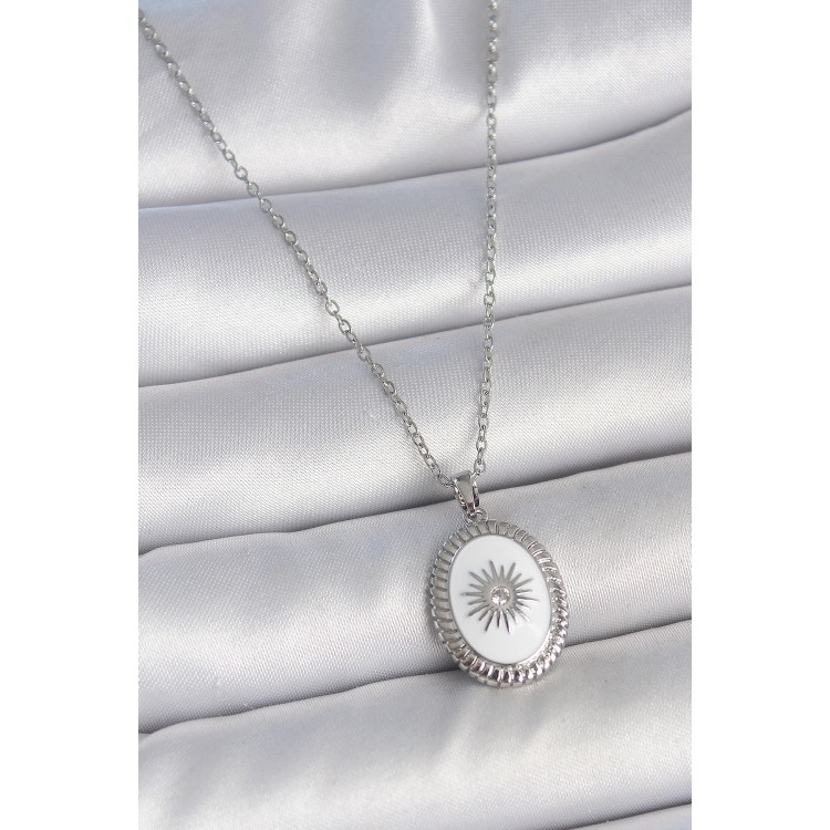 316L Çelik Gümüş Renk Beyaz Mineli Güneş İşlemeli Nazar Boncuk Detay Madalyon Model Kadın Kolye - TJ-BKO10054